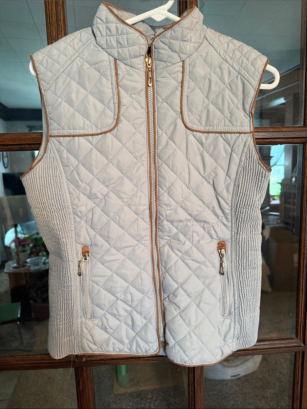 Lee Hanton Women Quilted Puffer Vest Light Blue Brown Trim Faux Fur Lined Medium